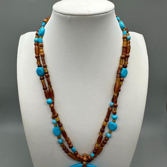 3/$30 Stone Pendant Necklace Blue Brown Beaded Natural Earthy Boho 20 in - Picture 6 of 13